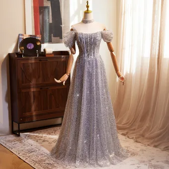 Charming Silver Grey Beading Sequins Prom Dresses 2024 A Line Princess Off The Shoulder Short Sleeve Backless Floor Length Long Prom Formal Dresses