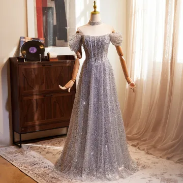Charmant Argenté Gris Perlage Paillettes Robe De Bal 2024 Princesse De L Épaule Manches Courtes Dos Nu Longue Promo Robe De Ceremonie