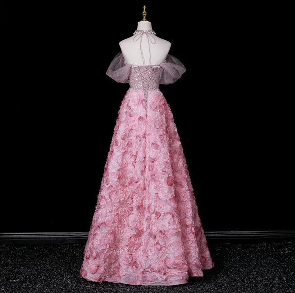 Flower Fairy Blushing Pink Beading Sequins Pearl Rhinestone Appliques Prom Dresses 2026 A-Line / Princess Off-The-Shoulder Short Sleeve Backless Floor-Length / Long Formal Dresses