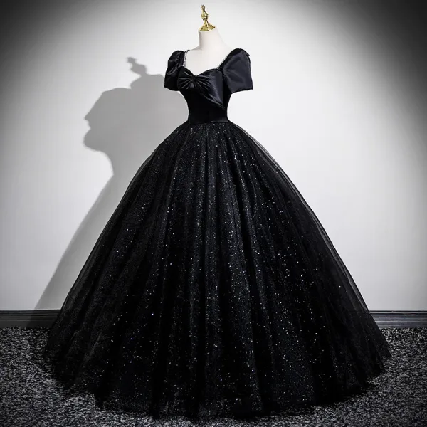 Elegant Black Glitter Prom Dresses 2025 Ball Gown Square Neckline Bow Short Sleeve Backless Floor-Length / Long Prom Formal Dresses