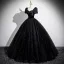 Elegant Black Glitter Prom Dresses 2025 Ball Gown Square Neckline Bow Short Sleeve Backless Floor-Length / Long Prom Formal Dresses