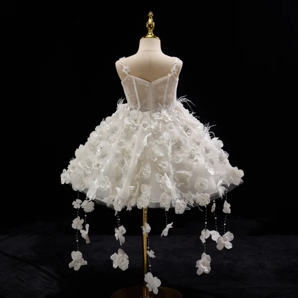 Fashion White Beading Lace Flower Appliques Pearl Short Birthday Flower Girl Dresses 2025 Ball Gown Spaghetti Straps Sleeveless Backless