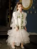 Vintage / Retro White Embroidered Wedding Cascading Ruffles Flower Girl Dresses 2024 Ball Gown Covered Button V-Neck Long Sleeve Floor-Length / Long