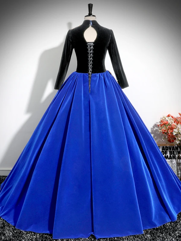 Vintage / Retro Royal Blue Beading Lace Flower Velvet Prom Dresses 2024 Ball Gown V-Neck Long Sleeve Backless Floor-Length / Long Prom Formal Dresses