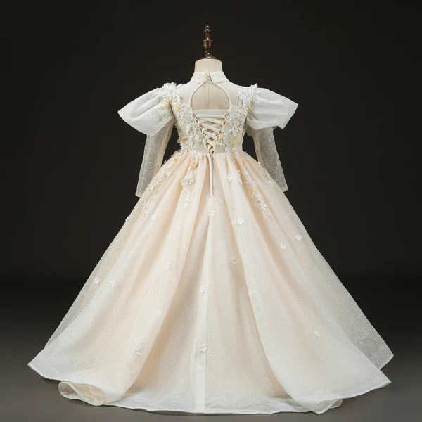 Luxury / Gorgeous Champagne Beading Pearl Lace Flower Appliques Birthday Flower Girl Dresses 2022 Ball Gown High Neck Puffy Short Sleeve Backless Floor-Length / Long Flower Girl Dresses