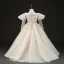 Luxury / Gorgeous Champagne Beading Pearl Lace Flower Appliques Birthday Flower Girl Dresses 2022 Ball Gown High Neck Puffy Short Sleeve Backless Floor-Length / Long Flower Girl Dresses