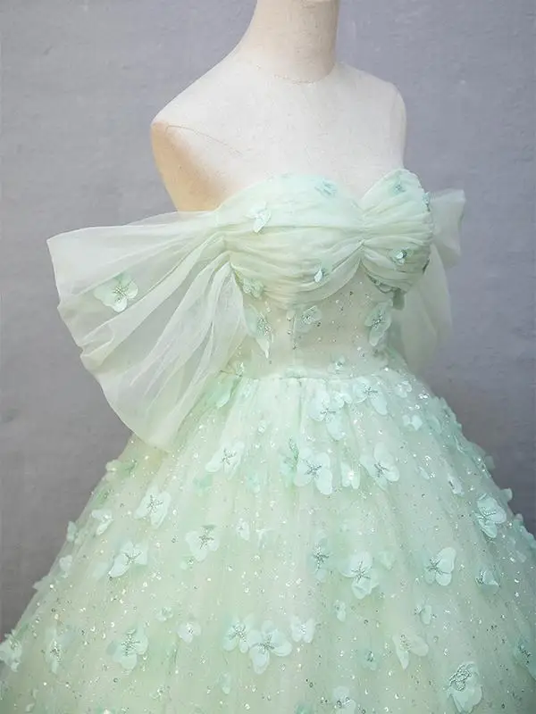 Flower Fairy Sage Green Beading Butterfly Appliques Prom Dresses 2025 Ball Gown Off-The-Shoulder Short Sleeve Backless Floor-Length / Long Prom Formal Dresses Prom Dresses