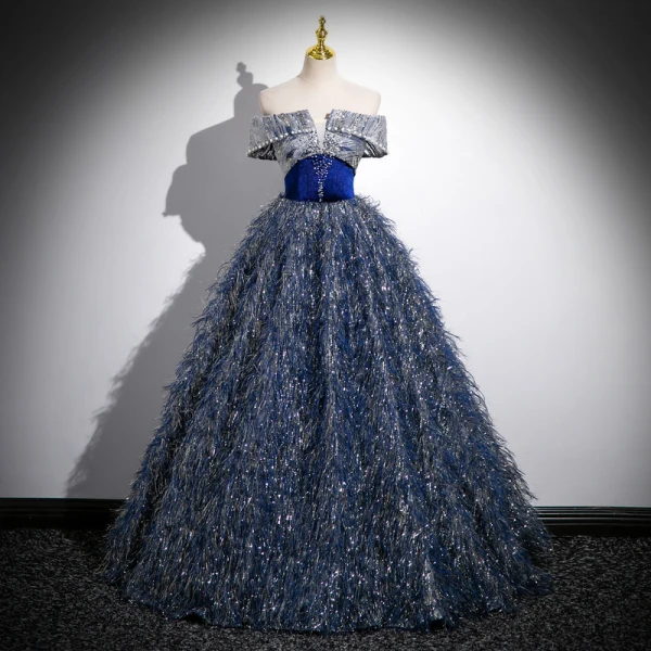 Vintage / Retro Bling Bling Navy Blue Beading Sequins Tassel Prom Dresses Ball Gown 2023 Off-The-Shoulder Sleeveless Backless Floor-Length / Long Prom Formal Dresses