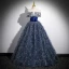 Vintage / Retro Bling Bling Navy Blue Beading Sequins Tassel Prom Dresses Ball Gown 2023 Off-The-Shoulder Sleeveless Backless Floor-Length / Long Prom Formal Dresses