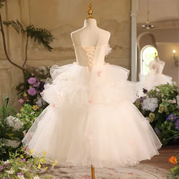 Lovely White Cascading Ruffles Appliques Birthday Flower Girl Dresses 2025 Ball Gown Scoop Neck Sleeveless Backless Floor-Length / Long
