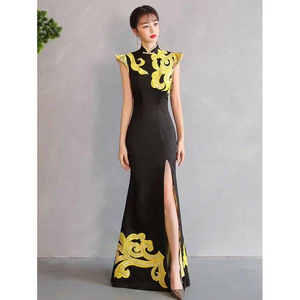Chinese style Black Gold Sequins Evening Party Cheongsam 2023 Trumpet / Mermaid High Neck Sleeveless Split Front Floor-Length / Long Cheongsam / Qipao
