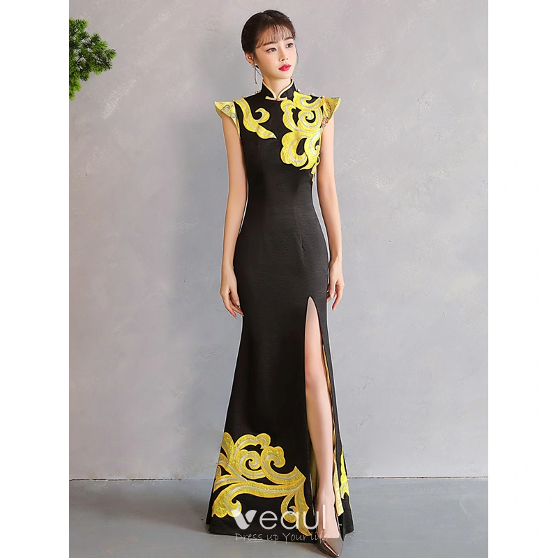 Chinese style Black Gold Sequins Evening Party Cheongsam 2023 Trumpet Mermaid High Neck Chinese style Black Gold Sequins Evening Party Cheongsam 2023 Trumpet Mermaid High Neck