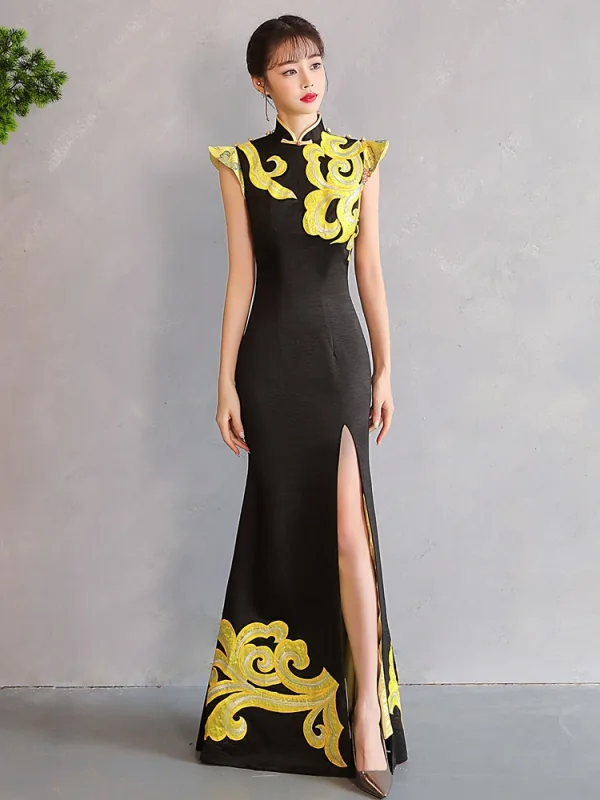 Chinese style Black Gold Lace Flower Evening Party Split Front Cheongsam 2025 Trumpet / Mermaid High Neck Sleeveless Floor-Length / Long Cheongsam / Qipao