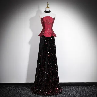 Haut De Gamme Style Chinois Bordeaux Paillettes Robe De Ceremonie 2026 Princesse Bustier Sans Manches Dos Nu Longue Soirée Robe De Soirée