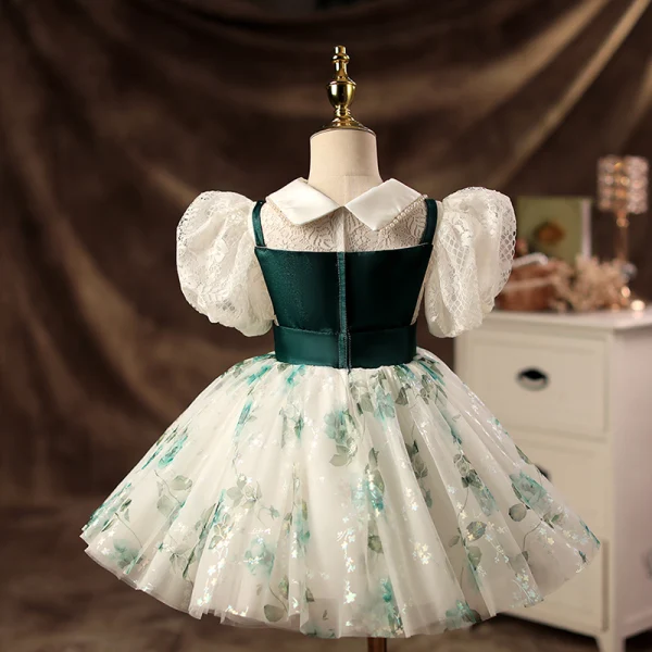Elegant Dark Green Pearl Lace Short Birthday Flower Girl Dresses 2022 Ball Gown Scoop Neck Puffy Short Sleeve Flower Girl Dresses