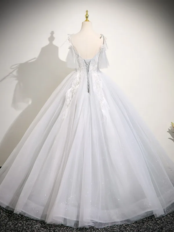 Charmant Blanche Perlage Paillettes Robe De Bal 2025 Robe Boule Bretelles Spaghetti Sans Manches Dos Nu Longue Robe De Ceremonie