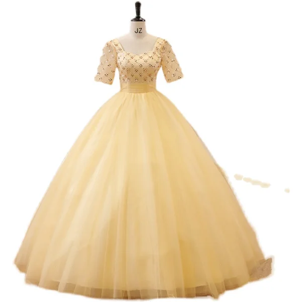 Elegant Yellow Prom Dresses 2022 Ball Gown Square Neckline Pearl Sequins Short Sleeve Backless Floor-Length / Long Prom Formal Dresses