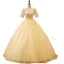 Elegant Yellow Prom Dresses 2022 Ball Gown Square Neckline Pearl Sequins Short Sleeve Backless Floor-Length / Long Prom Formal Dresses