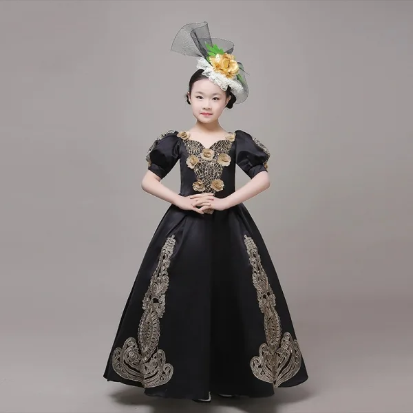 Vintage / Retro Medieval Black Flower Girl Dresses 2024 3D Lace Floral V-Neck Short Sleeve Floor-Length / Long A-Line / Princess Cosplay Prom Wedding Party Dresses