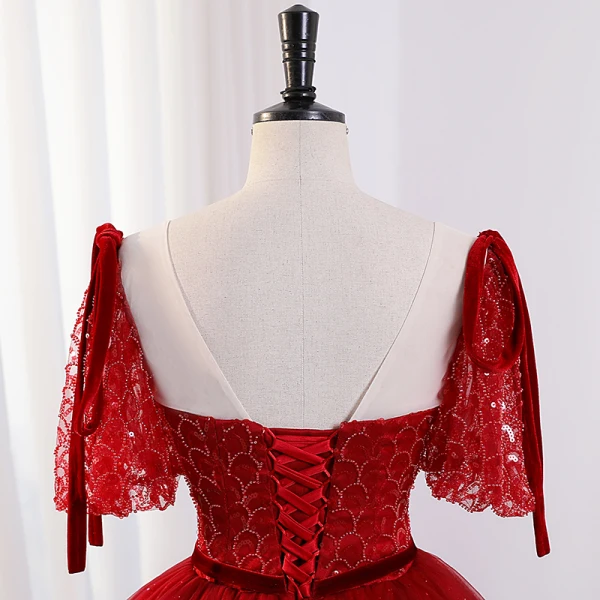 Elegant Burgundy Glitter Beading Sequins Prom Dresses 2023 Ball Gown V-Neck Short Sleeve Backless Bow Sash Prom Floor-Length / Long Formal Dresses