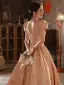 Chic / Beautiful Blushing Pink Beading Pearl Prom Dresses 2022 Ball Gown Square Neckline Puffy Short Sleeve Backless Floor-Length / Long Prom Formal Dresses