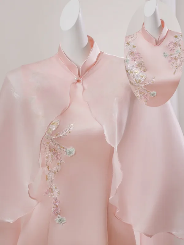 Chinese style Blushing Pink Beading Lace Flower Prom Dresses 2026 A-Line / Princess Floor-Length / Long Polyester High Neck Prom Sleeveless Formal Dresses