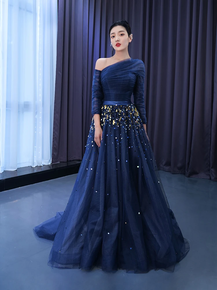 Vintage Retro High-End Navy Blue Sequins Prom Dresses 2022 A-Line Princess One-Shoulder