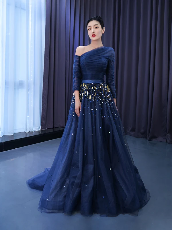 Vintage High End Marineblau Pailletten Ballkleider 2022 A Linie One-Shoulder Lange Ärmel Rückenfreies Sweep / Pinsel Zug Ball Festliche Kleider