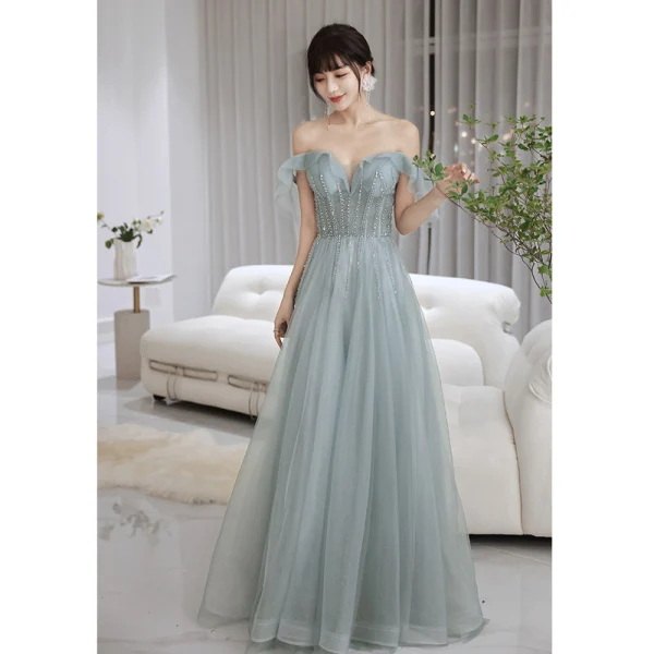 Schlicht Grau Ballkleider 2022 A Linie Off Shoulder Ärmellos Rückenfreies Perlenstickerei Strass Pailletten Lange Ball Festliche Kleider