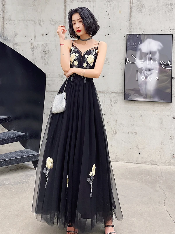 Chic / Beautiful Black Prom Dresses 2022 A-Line / Princess Spaghetti Straps Lace Flower Sleeveless Backless Floor-Length / Long Prom Formal Dresses