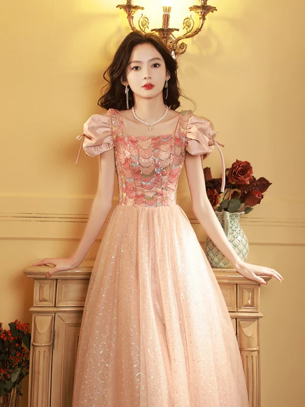 Chic / Belle Rougissant Rose Paillettes Robe De Bal 2024 Princesse Encolure Carrée Gonflée Manches Courtes Longue Promo Robe De Ceremonie