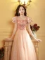 Chic / Belle Rougissant Rose Paillettes Robe De Bal 2024 Princesse Encolure Carrée Gonflée Manches Courtes Longue Promo Robe De Ceremonie