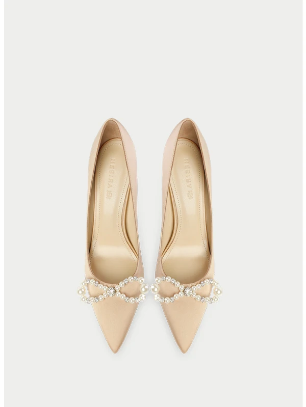 Mode Champagner Perle Schleife Abend Pumps 2024 Leder 8 cm Stilettos Spitzschuh Pumps Hochhackige