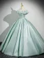 Elegant Mint Green Satin Prom Dresses Ball Gown 2025 Off-The-Shoulder Short Sleeve Backless Floor-Length / Long Formal Dresses