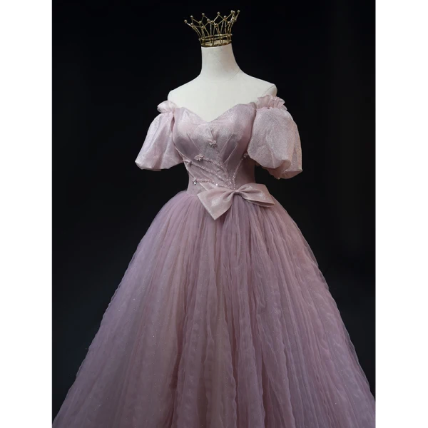 Charmant Rosa Perlenstickerei Pailletten Ballkleider 2023 A Linie Off Shoulder Geschwollenes Kurze Ärmel Rückenfreies Schleife Lange Ball Festliche Kleider
