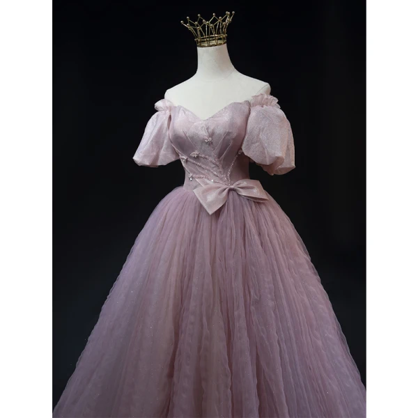 Chic / Beautiful Lilac Beading Bow Pleated Prom Dresses 2023 A-Line / Princess Off-The-Shoulder Short Sleeve Backless Floor-Length / Long Prom Formal Dresses