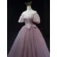 Chic / Beautiful Lilac Beading Bow Pleated Prom Dresses 2023 A-Line / Princess Off-The-Shoulder Short Sleeve Backless Floor-Length / Long Prom Formal Dresses