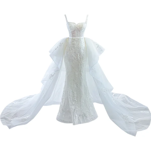 Haut de Gamme Ivoire Perle En Dentelle Fleur Robe De Mariée 2023 Trompette / Sirène Encolure Carrée Sans Manches Ceinture Dos Nu Tribunal Train Mariage