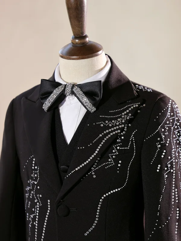 Fashion Black Rhinestone Long Sleeve 5-piece Boys Wedding Suits 2025 Coat Pants Shirt Tie Vest
