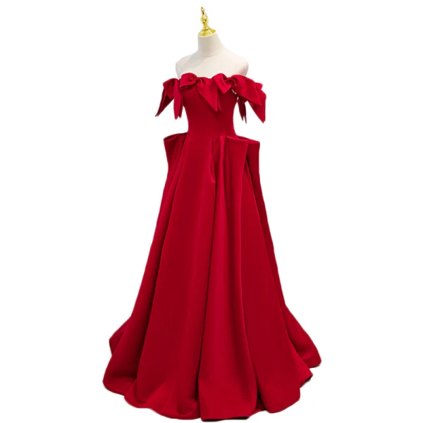 Chic / Beautiful Burgundy Prom Dresses 2022 A-Line / Princess Satin Off-The-Shoulder Bow Short Sleeve Backless Floor-Length / Long Prom Formal Dresses