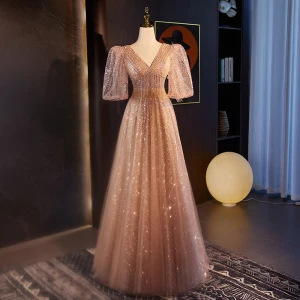 Bling Bling Champagne Beading Perle Paljetter Ballkjoler 2024 Prinsesse V Hals Korte Ermer Ryggløse Lange Ball Formelle Kjoler