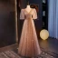 Bling Bling Champagne Beading Pearl Sequins Prom Dresses 2024 A-Line / Princess V-Neck Short Sleeve Backless Floor-Length / Long Prom Formal Dresses
