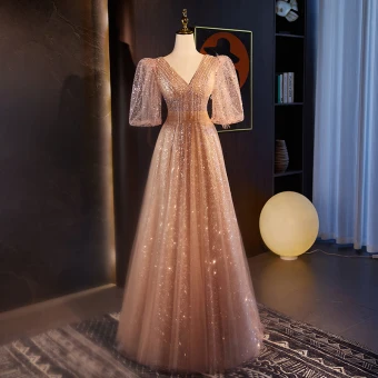 Bling Bling Champagne Beading Pearl Sequins Prom Dresses 2024 A Line Princess V Neck Short Sleeve Backless Floor Length Long Prom Formal Dresses