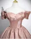 Elegant Champagne Satin Prom Dresses 2025 Ball Gown Off-The-Shoulder Short Sleeve Backless Floor-Length / Long Prom Formal Dresses