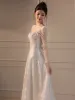 Sparkly Light Ivory Beading Pearl Wedding Dresses 2024 A-Line / Princess Square Neckline Long Sleeve Backless Sweep Train Wedding