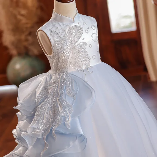 Chinese style Sky Blue Beading Pearl Sequins Birthday Flower Girl Dresses 2024 Ball Gown High Neck Sleeveless Floor-Length / Long Flower Girl Dresses