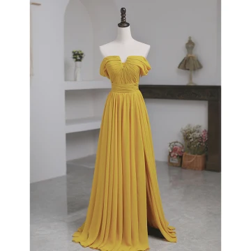 Hermoso Amarillo Gasa Vestidos De Noche A Line Princess 2023 Sin Tirantes Sin Mangas Sin Espalda Largos Noche Vestidos Formales
