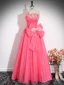 Chic / Beautiful Watermelon Rhinestone Sequins Prom Dresses 2024 Ball Gown Strapless Sleeveless Backless Floor-Length / Long Prom Formal Dresses