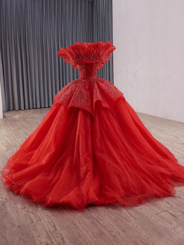 Luxury / Gorgeous Red Glitter Handmade  Beading Sequins Wedding Dresses 2025 Ball Gown Spaghetti Straps Short Sleeve Backless Chapel Train Wedding