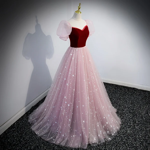 Charming Burgundy Prom Dresses 2022 A-Line / Princess Square Neckline Sequins Puffy Short Sleeve Backless Floor-Length / Long Formal Dresses